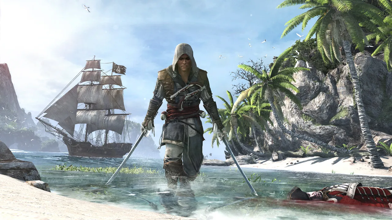 Accessories image of Side view of the Assassin's Creed Black Flag Resynced game case alongside a controller showing the product in a real review setup