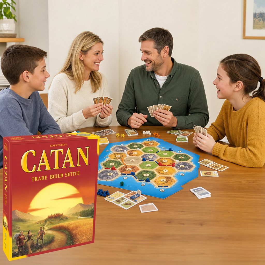 Catan's modular hex board means no two games play the same — and the trading table is where mixed-age families really come alive.
