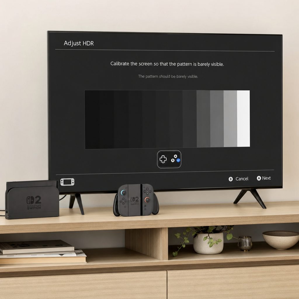 The on-screen calibration test patterns let you match the console's HDR output to exactly what your TV can display — skipping this step is the number one cause of "blown-out" highlights.