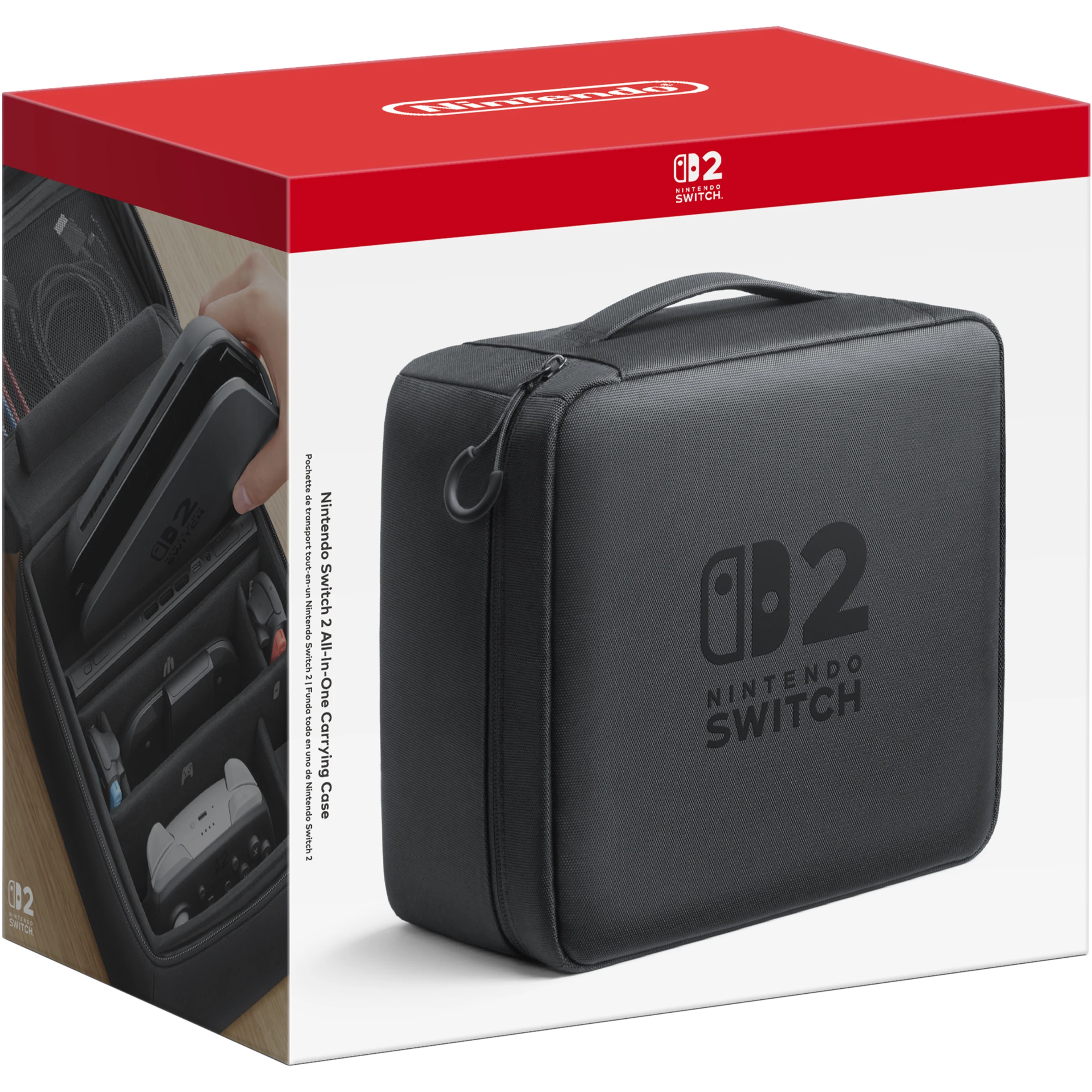 Carrying Case image of Someone holding or opening an official Nintendo Switch 2 carrying case showing the console stored inside