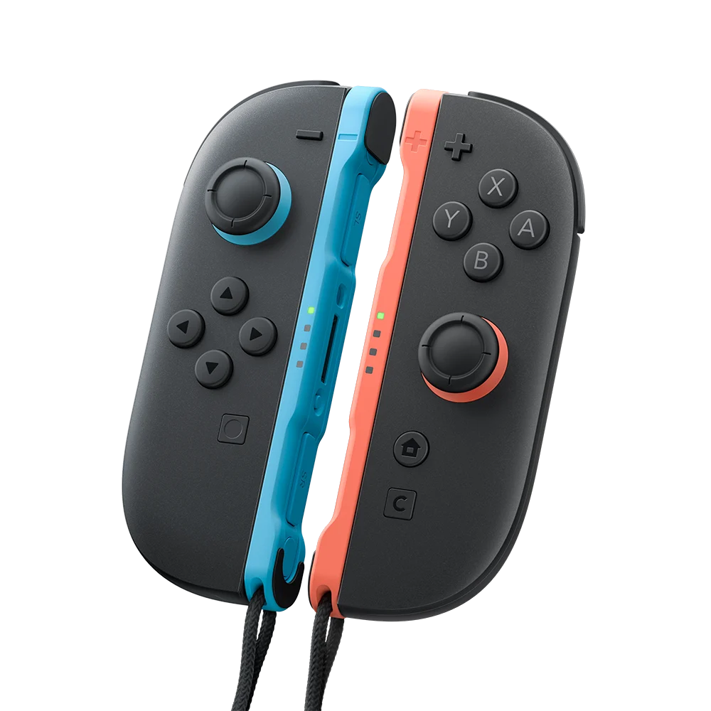 Joy-Con Controllers image of Close-up product photo of the Nintendo Switch 2 Joy-Con controllers detached, showing the new design and features