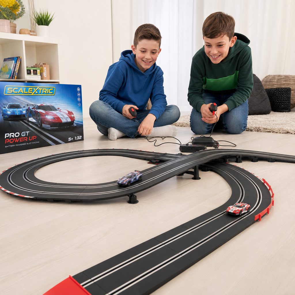 For siblings, simultaneous racing matters more than a complicated rule set: two controllers give each child a role and stop the second lane becoming merely something to look at.