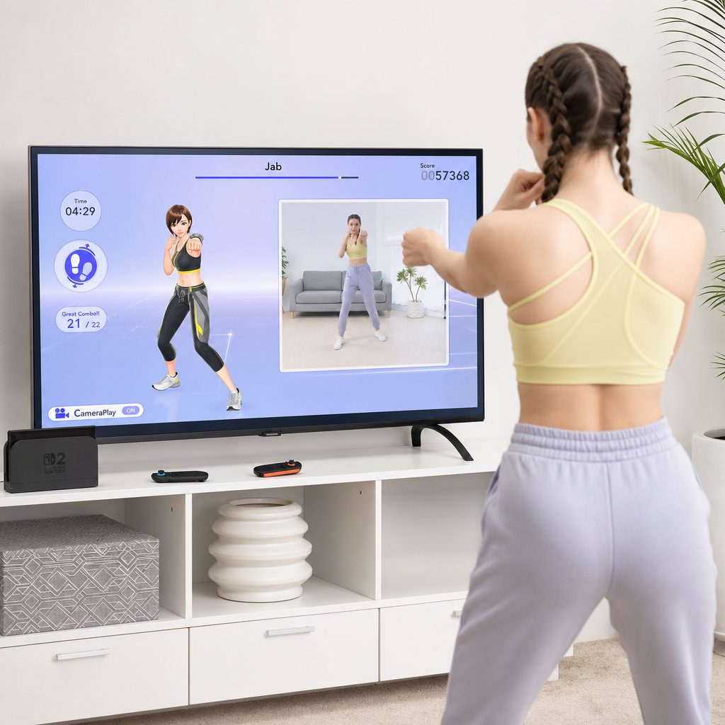 Camera play puts your own image on screen so you can monitor your form during exercise.