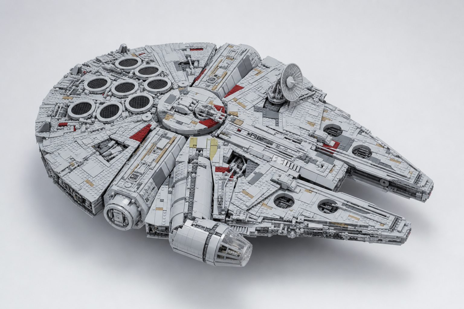 LEGO UCS Millennium Falcon 75192 fully built, viewed from above at three-quarter angle