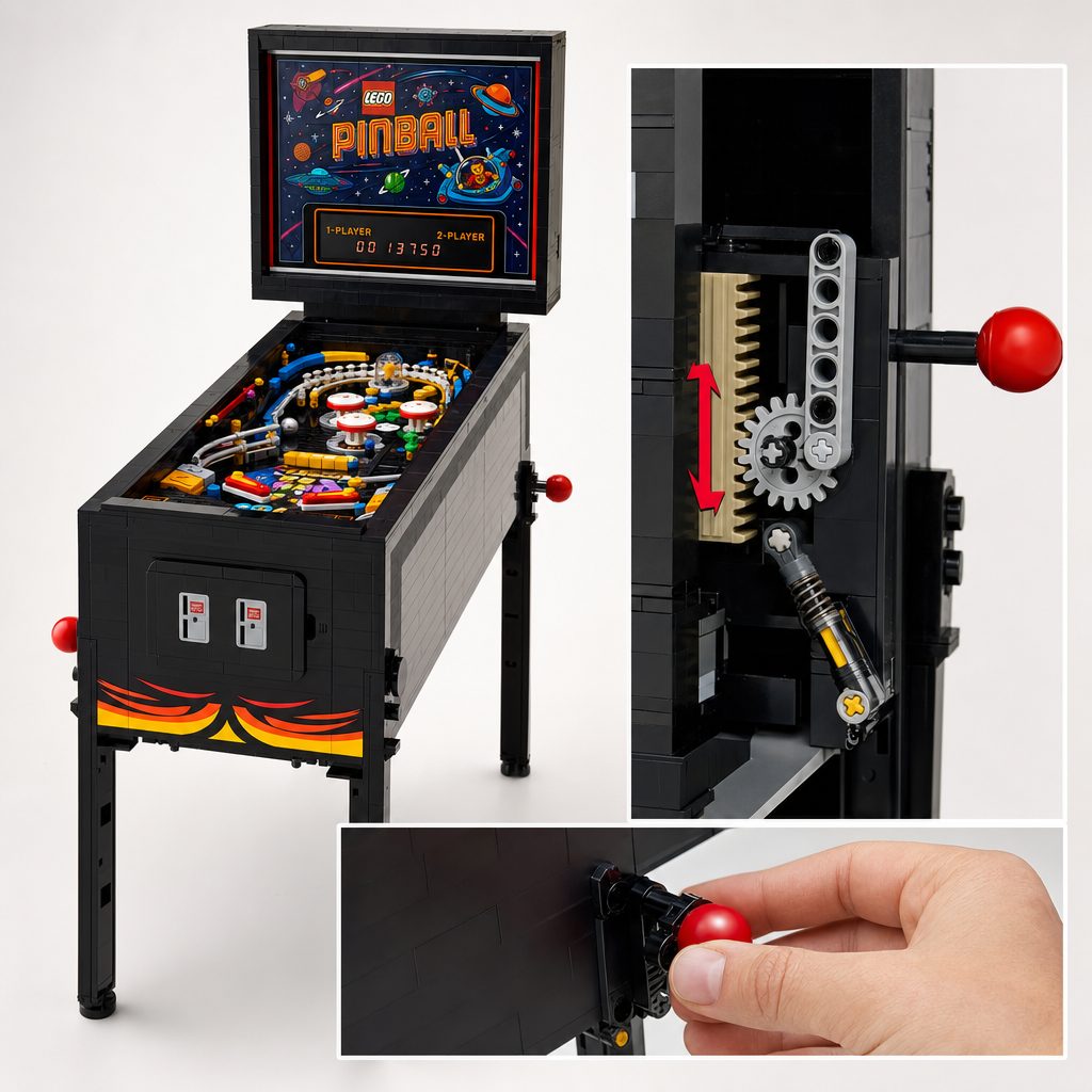 The flipper mechanism uses a gear rack driven by the side buttons, with Technic shock absorbers supplying just the right resistance under your thumb.