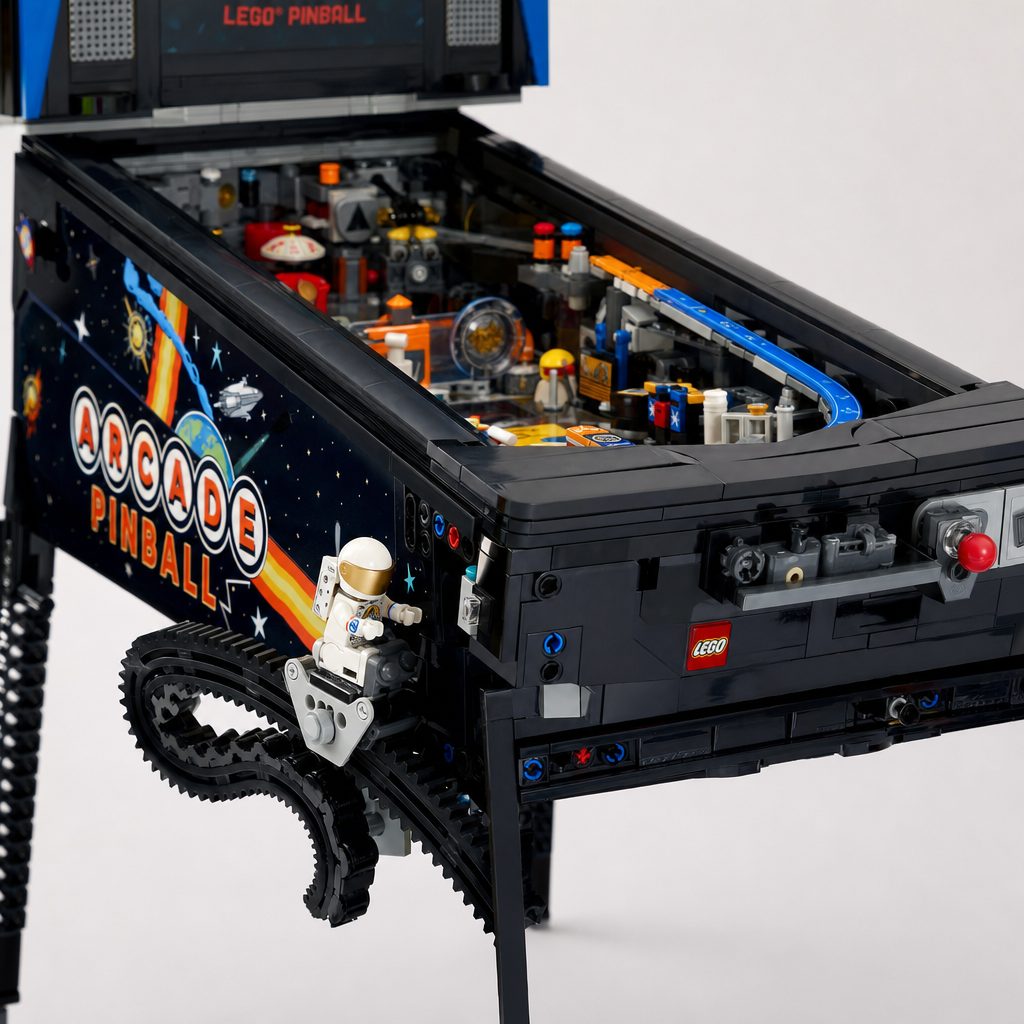The mission astronaut crawls along a giant worm gear as you land asteroid hits — a physical, battery-free scoring system that's the model's cleverest trick.