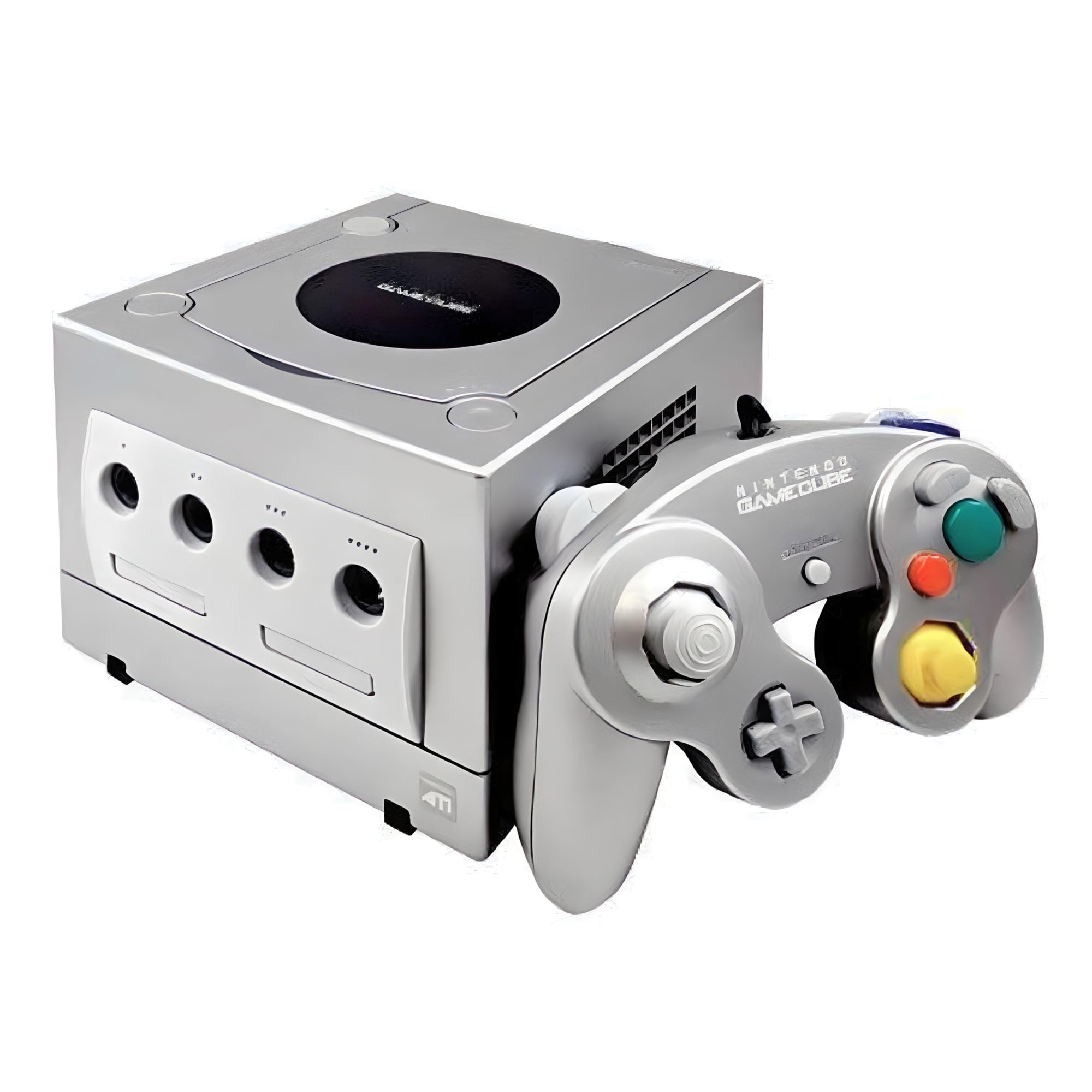Hero image of Clean official product photo of the Nintendo GameCube console, front view on a neutral background