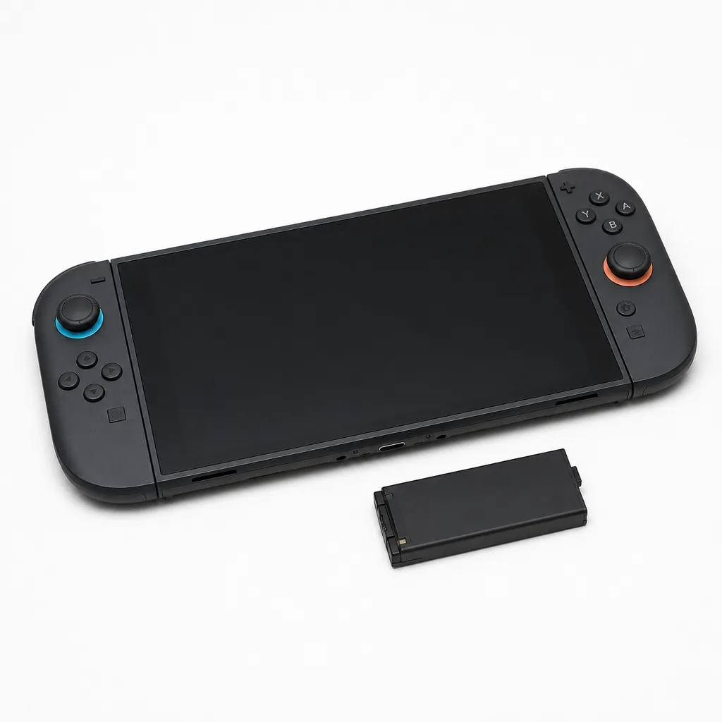 Nintendo Switch 2 console with detached Joy-Con 2 controllers on a wooden desk
